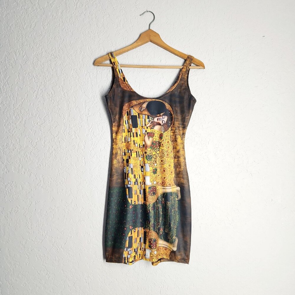 BlackMilk mini bodycon tank dress artwork Gustav Klimt "The Kiss" art to wear M